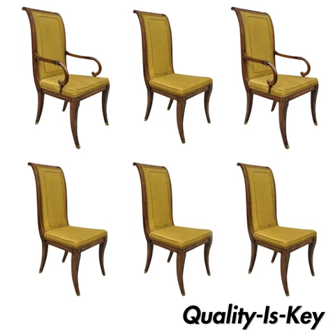 Six Karges French Neoclassical Regency Style Klismos Leg Walnut Dining Chairs Cover