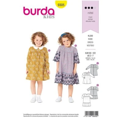BURDA KIDS 9305 CHILDREN'S DRESSES Sewing Pattern Ages 2 - 7 Skill: AVERAGE - Image 1 of 4