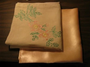 Vintage Handmade Shams: Hand Embroidered Linen Pillow Sham & Satin Pillow Sham - Picture 1 of 9