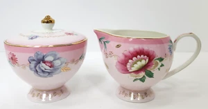 Grace Teaware Pink Floral Sugar and Creamer Set Porcelain Gold Trim - Picture 1 of 13