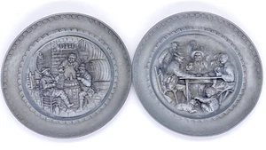 German Zinnteller Zinn Pewter Plates 2 Wine Cellar Pub Scenes in Relief 7.5 inch - Picture 1 of 10