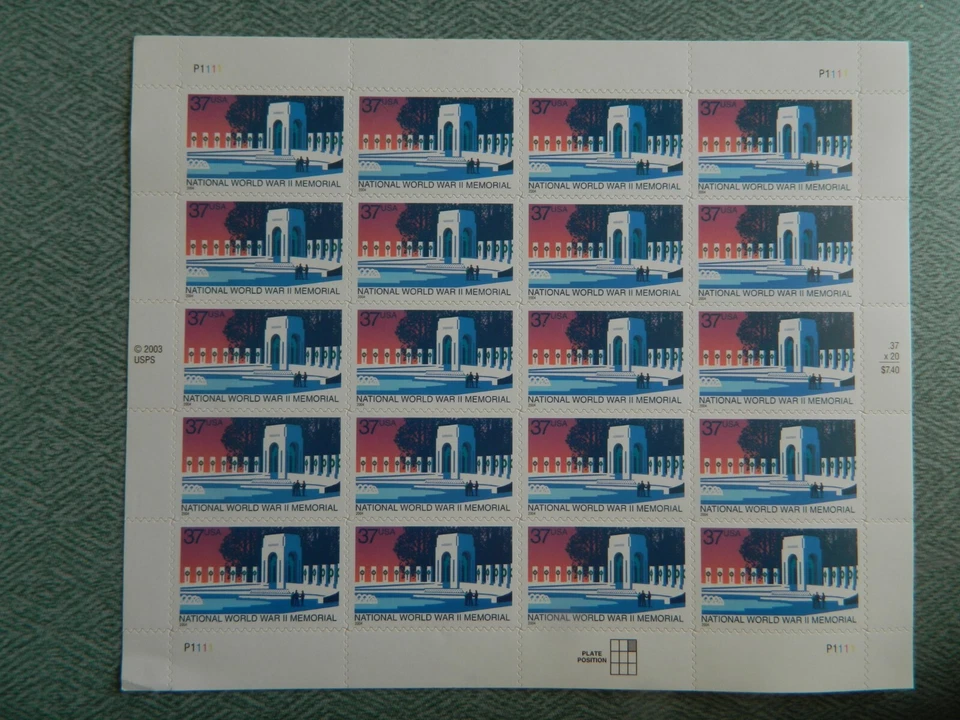 US SC# 3862 PANE OF 20 NATIONAL WORLD WAR II MEMORIAL  MNH  (LOT F) - Image 1 of 1