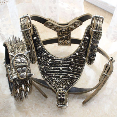 NEW Gold Brown Leather Spiked Studded Dog Harness Dog Collar SET Pitbull Bully L