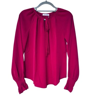 Простой весело красный длинный поэт рукав блузка с замочной скважиной спереди галстук женщин маленький - Изображение 1 из 3