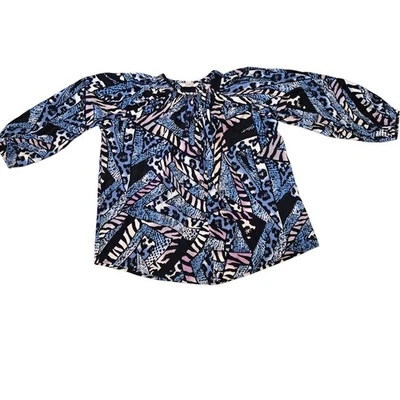 Blusa Top Tucker Mezcla Seda Abstracto Estampado Animal Azul Púrpura Negra Foto 1 de 4