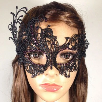 Women Diamante Black Lace Face Eye Mask Venetian Cosplay Halloween Masquerade - Image 1 of 4