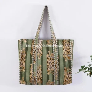 Indisch grüne Tiger bedruckte gesteppte Schultertasche Damen Strand Baumwolle Handtasche USA - Bild 1 von 3