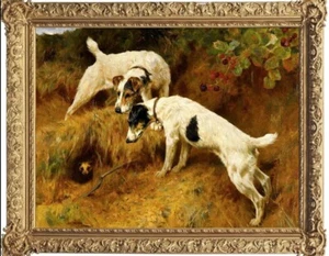 Handmade antique oil painting animal hunting dog on canvas 24"x36" - Picture 1 of 2
