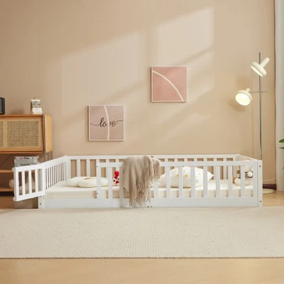 Kinderbett 200×140cm Rausfallschutz Bodenbett Holz Massiv Matratze Schlafzimer - Bild 1 von 4