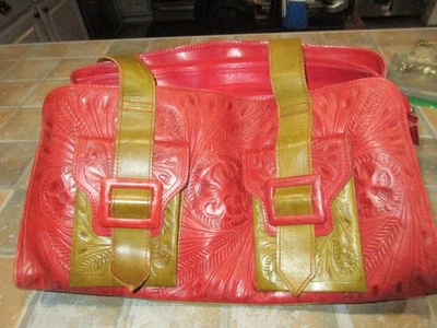 Leaders In Leather Red with Brown  Hand Tooled Floral Leather Satchel  Bag - Image 1 of 4