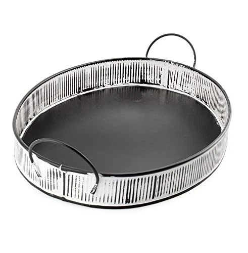 Boho Decorative Serving Tray, Distressed White Over Black Metal Tray - Image 1 of 4