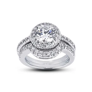 1 3/4ct F VS2 Round Natural Certified Diamonds 14k  Halo Ring with Matching Band - Picture 1 of 3