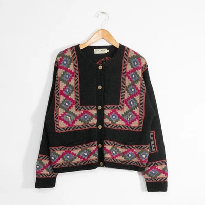 Cárdigan suéter de lana geométrica azteca LL Bean vintage para mujer XL negro envejecido Foto 1 de 4