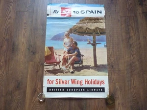 VINTAGE 1965 TRAVEL POSTER SILVER WING FLY EUROPEAN AIRWAYS SPAIN BEA 40" X 25" - Picture 1 of 5
