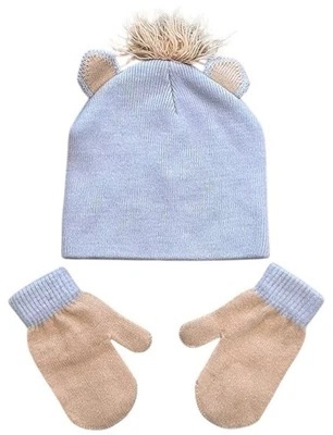 Kids Winter Hat & Mittens Set Purple with Pom Pom & Bear Ears 100% Acrylic - Image 1 of 2