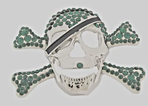 Skull Belt Buckles Crossbones Bandana Halloween Pirate Costume Bling Green Metal - Picture 1 of 8