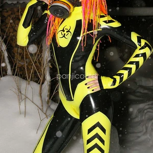 New 100% Latex Rubber Yellow with Black All-body Suit Bodysuit Catsuit XS-XXL - Picture 1 of 6