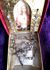 Vintage Italian Rosary Beads In A Presentation Box Silver Metal White Beads 21"