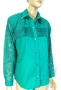 Blusa Occidental Vintage Turquesa Verde Azulado Sassa Ojales Flecos Talla S - Imagen 1 de 4