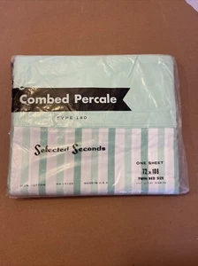 Vintage Selected Seconds gekämmtes Perkal grün/weiß Twin-Bettlaken versiegelte Baumwolle USA - Bild 1 von 5