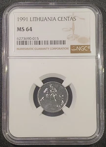 1991 Lithuania 1 Centas Aluminium Coin KM# 85 NGC MS 64 - Picture 1 of 7