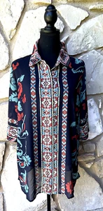 Soft Surroundings Tunic Top Size PM Black Multicolor Tribal Floral Button Front - Picture 1 of 11