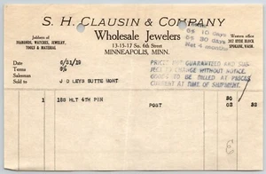Minneapolis Billhead H. Clausin & Co. Jewelers Butte, MT Leys Jewelry 6/21 1919 - Picture 1 of 2