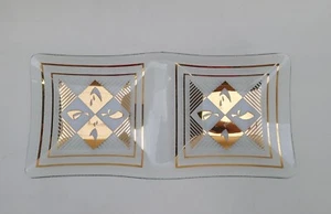 Vintage Mid Century Modern Glass Gold Trinket Dish Double Coins Keys Abstract - Picture 1 of 6