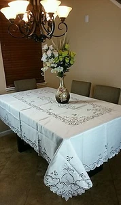72x90" Embroidery Handmade Rosebud Embroidered Tablecloth Napkins Elegant linen - Picture 1 of 10