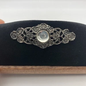 Vintage Victorian Style Open Work Floral Bar Pin Brooch, Faux Moonstone Cabochon - Picture 1 of 8