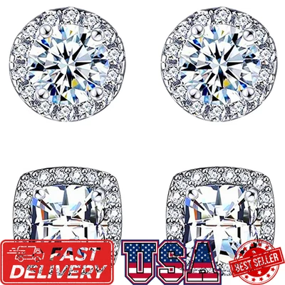 Juego de 2 pares de aretes de diamantes circonita cúbica - redondos y cuadrados tono plata moda nuevos Foto 1 de 4