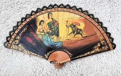 Antique Jenny Lind Lacquered Wooden Spanish Hand Fan Lovely Señoritas & Matador - Image 1 of 4