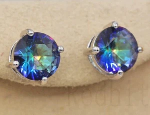 18K White Gold Filled 9mm Round 4 Prong Blue Mystical Rainbow CZ Stud Earrings - Picture 1 of 5