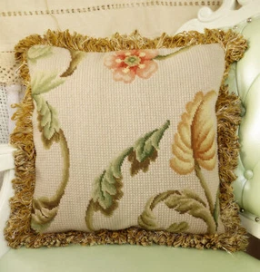 18" Simple Elegant Leaves Country Farmhouse Decor Handmade Needlepoint Pillow - Picture 1 of 4