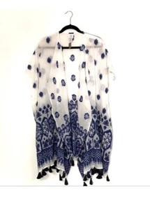 NEW $109 J. Crew Women's One Size Cape Shawl Blue White Tasseled Cotton Wrap W3 - Picture 1 of 5