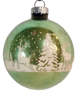Shiny Brite Christmas Ornament Deer Scene Green Ball 1952 Vintage #670 - Picture 1 of 8
