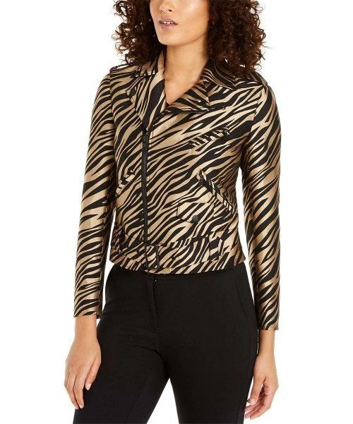 MSRP $229 Ak Anne Klein Beige Tiger Jacquard Crop Moto Jacket Beige Size 0 NWOT - Image 1 of 1