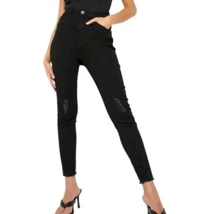 Boohoo Basics High Waist Distressed Frayed Hem Skinny Jeans Black Women's Size 2 - Picture 1 of 10