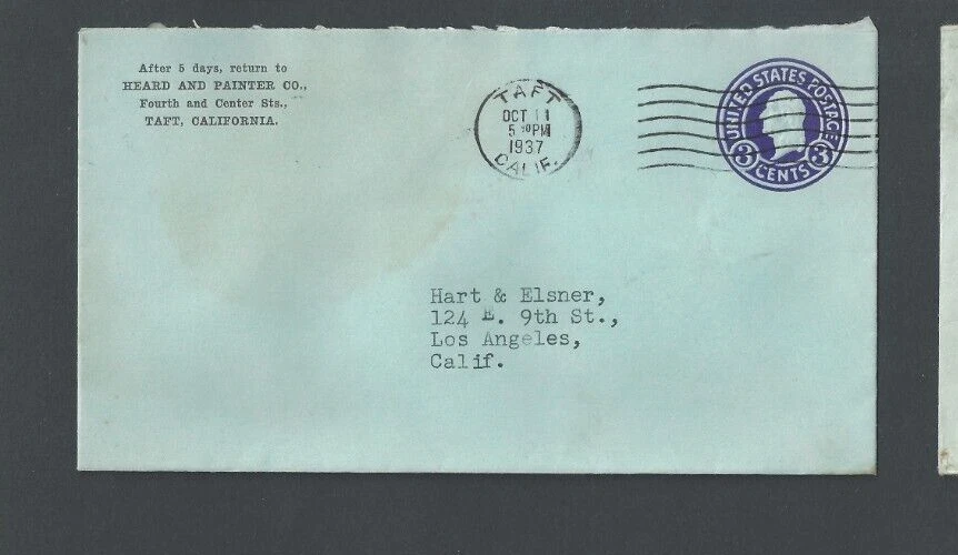 1937 Taft CA  3c Purple Entire On Blue Cover - Image 1 of 1