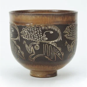 Scheier Pottery studio incised fish figure vase mid century modern ceramics - Picture 1 of 5