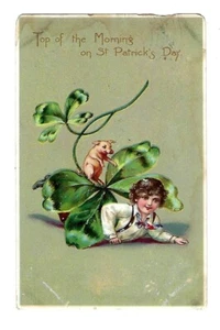 c1908 Tucks St Patrick's Day Postcard Young Boy, Pig & 4 Leaf Colver Embossed - Picture 1 of 2