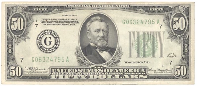 1934 $50 Federal Reserve Note Chicago, IL Fifty Dollar Bill Banknote VF - Image 1 of 2