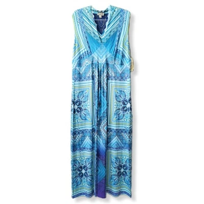 Vestido maxi One World azul micro jersey 1X boho crochê hippie praia sereia NOVO - Imagem 1 de 4