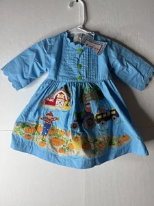 Cotton Kids Smocked Embroidered Fall Harvest Pumpkins Blue Dress 12 Months NWT - Picture 1 of 6