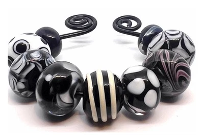 Yummy Handmade Lamp-Work Glass Bead Set Black & White Tones ~ Jewellery Supplies - Image 1 of 3
