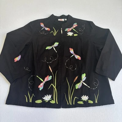 Quacker Factory Embroidered Dragonfly Jacket Womens 2X Zip-Up Cotton Novelty NWT - Image 1 of 4