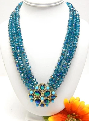 HEIDI DAUS MULTI STRAND BLUE CRYSTAL & FOILED CABOCHON PENDANT NECKLACE - Image 1 of 3