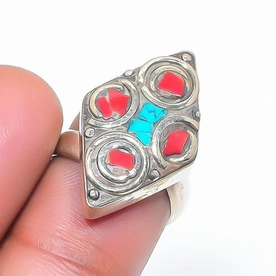 Türkis Koralle Edelstein Verstellbar Ring Tibetisches Silber Nepali Schmuck N... - Bild 1 von 4