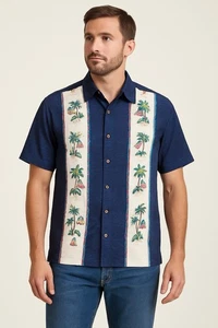 Campia Moda Hawaiian Mens Shirt Blue American Flag Rayon Size M - Picture 1 of 7