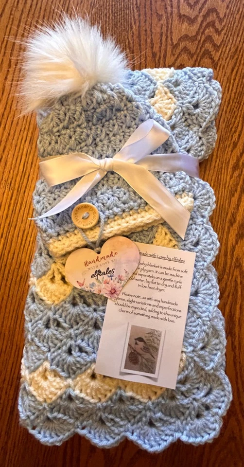 blue & white farmhouse  handmade crochet  Baby  blanket & hat set  - Image 1 of 4